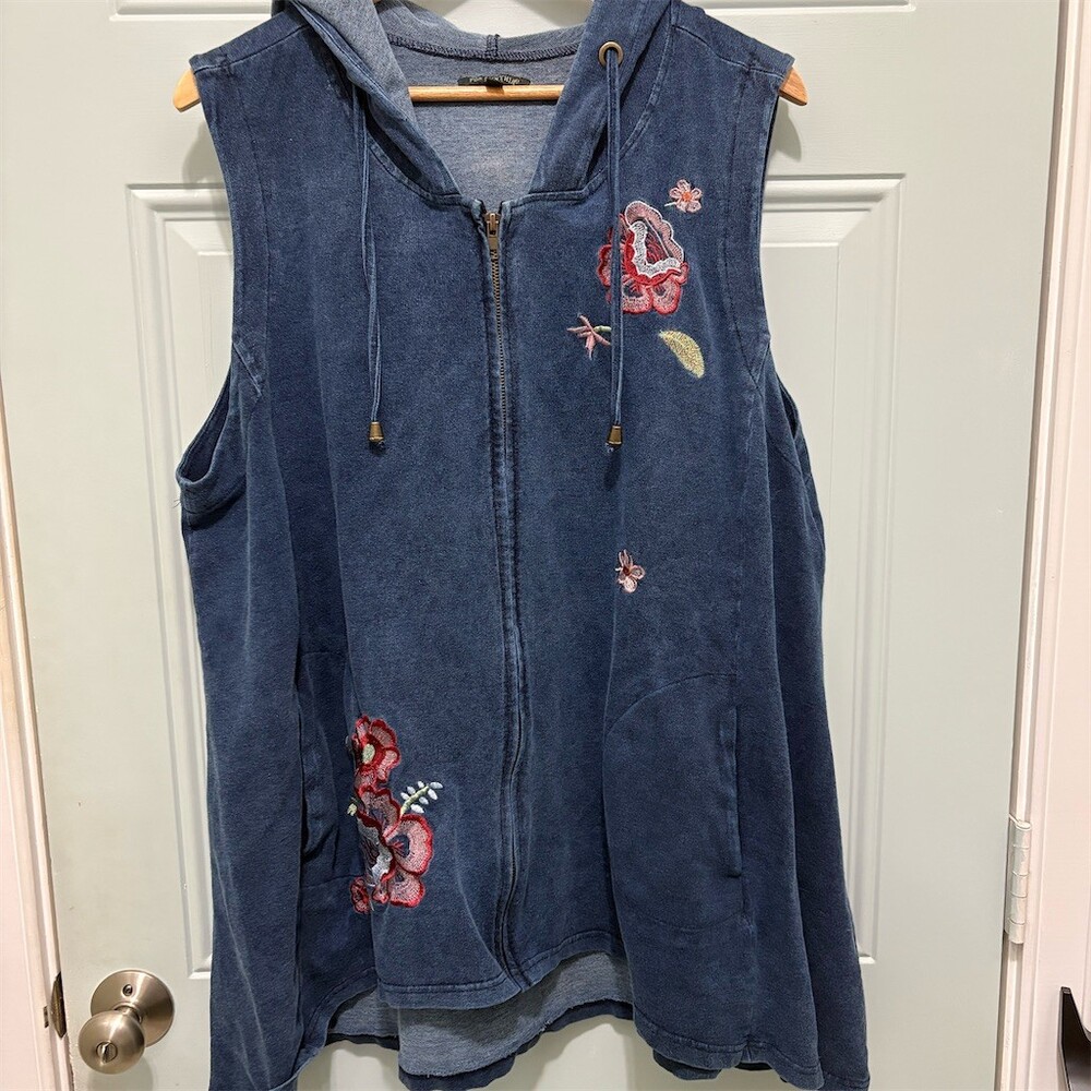 For Cynthia Vest Womens 2XL Blue Hooded Sleeveless Full Zip Floral Tunic